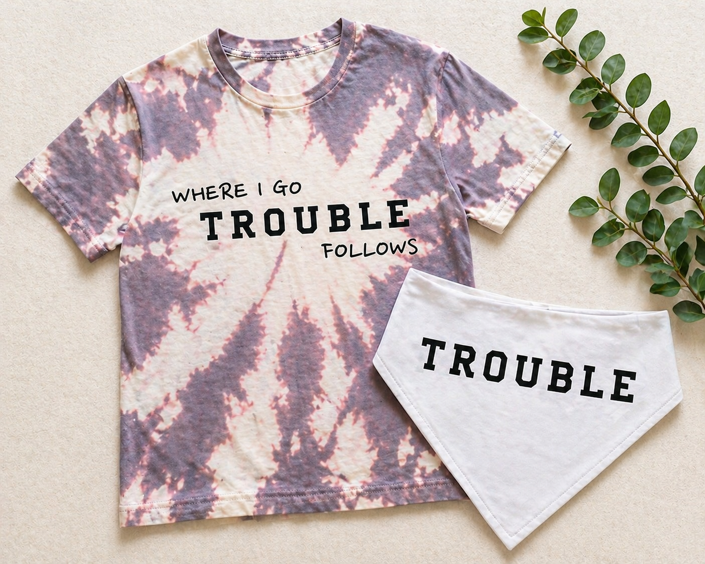 Matching Dog & Owner Shirt + Bandana Set – “Trouble Follows”
