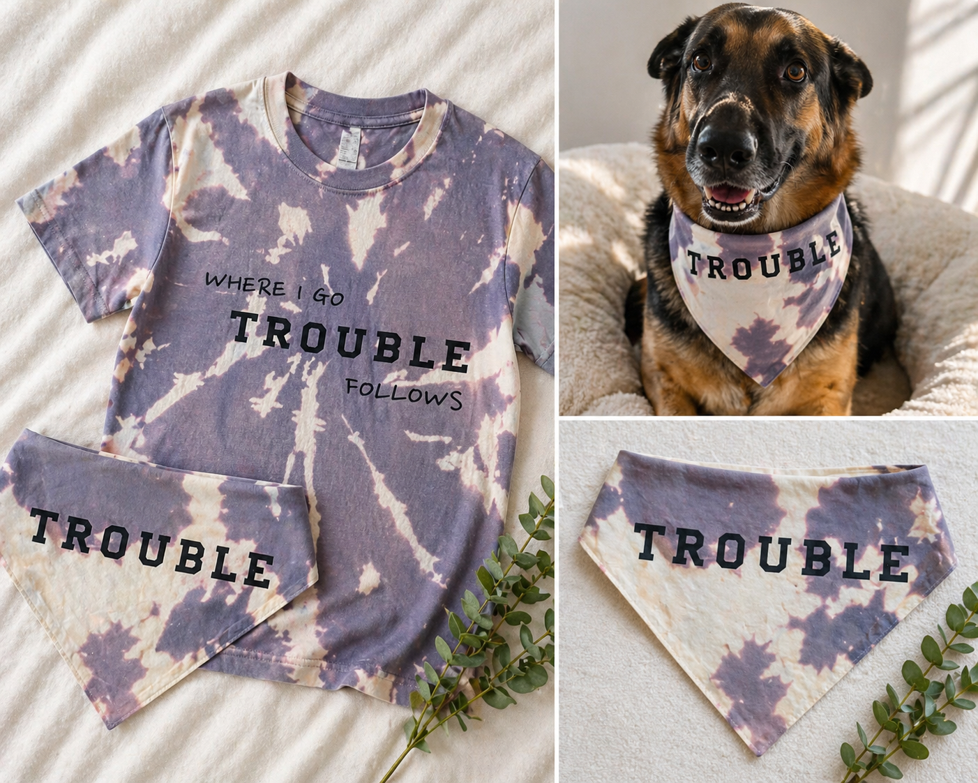 Matching Dog & Owner Shirt + Bandana Set – “Trouble Follows”